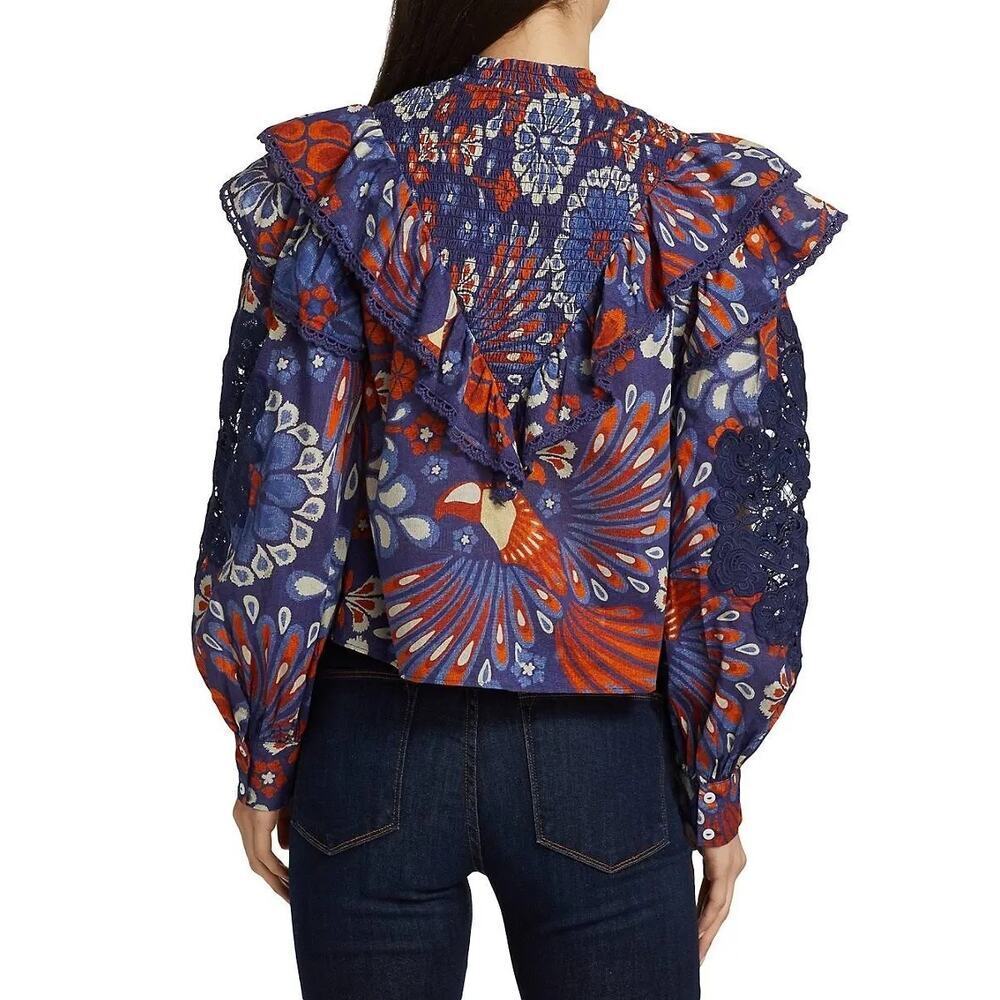 Farm Rio Pineapple Flowers Navy Ruffled Blouse Size XS - Picture 10 of 16